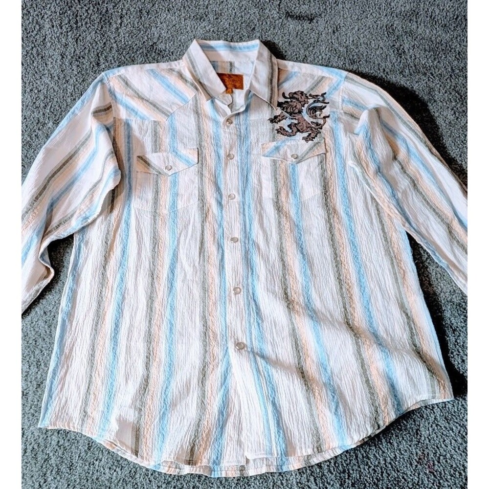 Scorpio Pearl Snap Rodeo Shirt Mens Size S Blue White Tan Stripes Long Sleeve